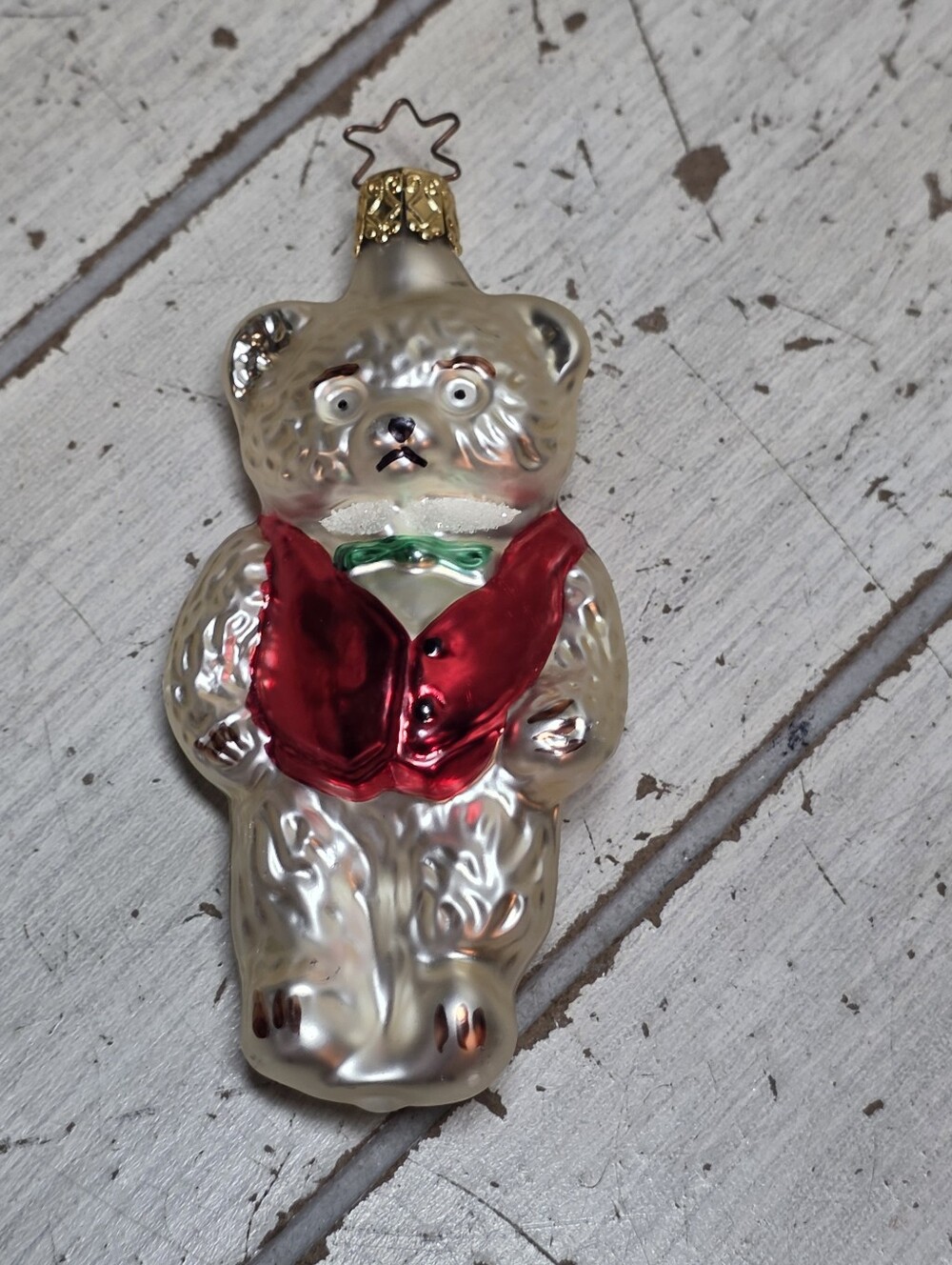 Vtg Blown Glass Bear Christmas Ornament West Germany 5" Red Vest Festive Holiday